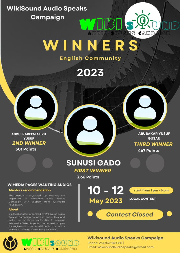 Ein buntes Plakat mit einem blauen Hintergrund und gelben und weißen Buchstaben, die in fetter Schrift "Gewinner" lesen, mit lachenden Menschen in der Mitte.