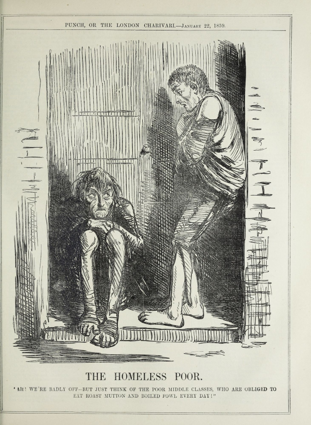 Eine Zeitung mit einer Zeichnung von zwei Personen, wobei eine sitzt und die andere steht, mit der Aufschrift "Die Obdachlosen"