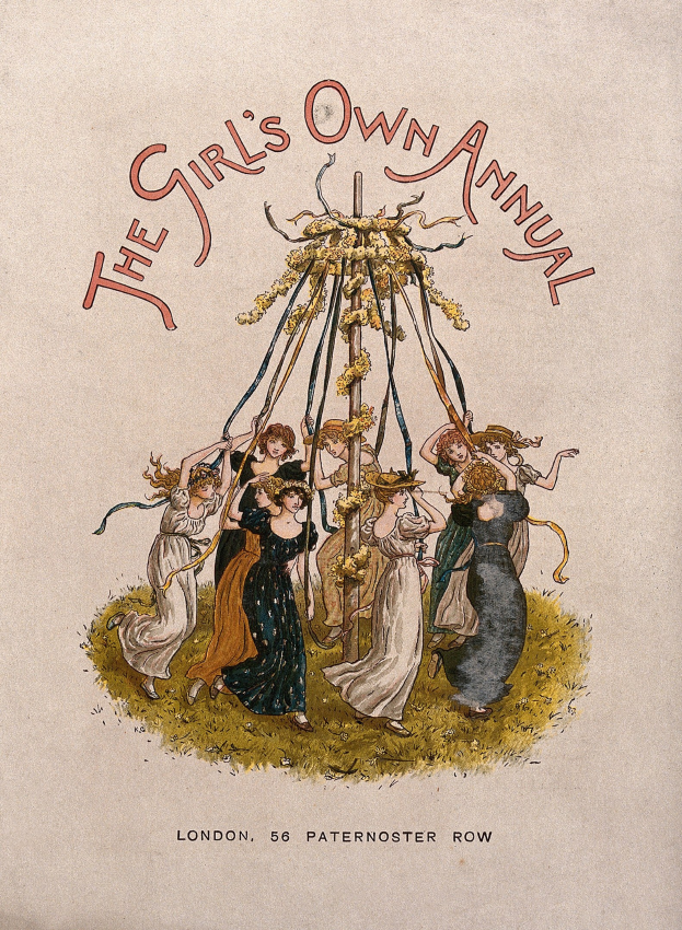 Illustration aus 'The Girl's Own Annual', die eine Gruppe von Menschen zeigt, die um einen geschmückten Maibaum tanzen.