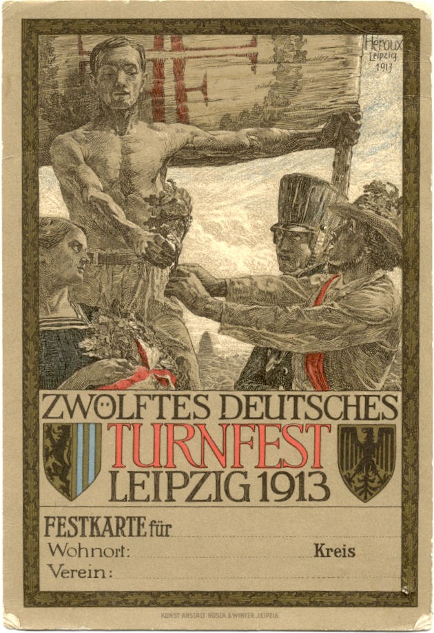 Plakat für das Zwölfte Deutsche Turnfest Leipzig 1913, das eine zentrale Gruppe von Menschen und Texte mit Veranstaltungseinzelheiten zeigt.