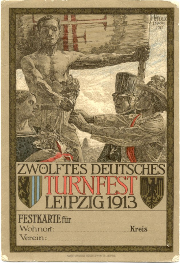 Plakat für das Zwölfte Deutsche Turnfest Leipzig 1913, das eine zentrale Gruppe von Menschen und Texte mit Veranstaltungseinzelheiten zeigt.