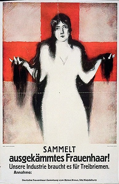 Ein deutsches Propagandaplakat mit einer Frau mit langen Haaren und Text.