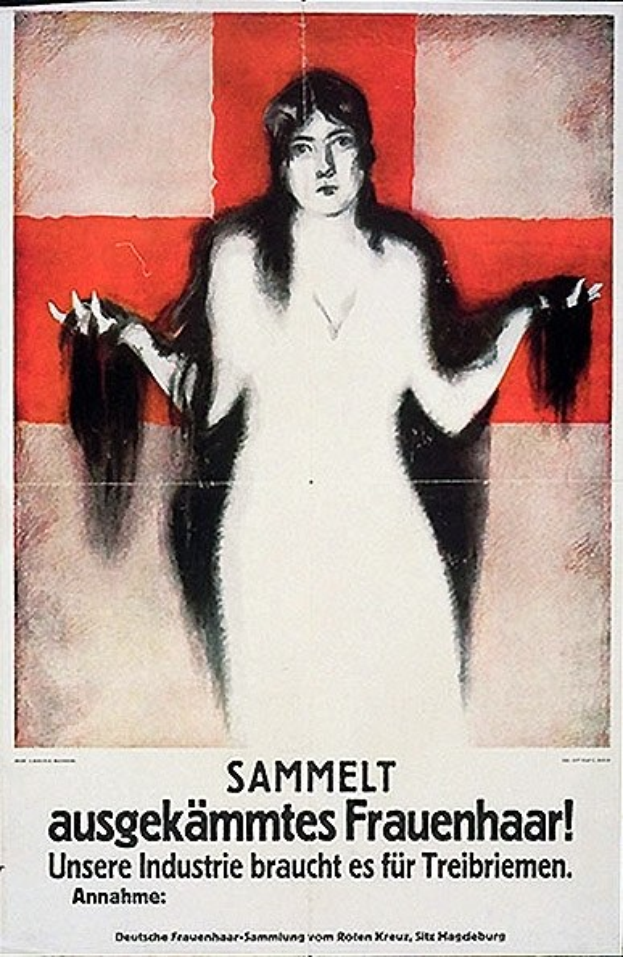 Ein deutsches Propagandaplakat mit einer Frau mit langen Haaren und Text.