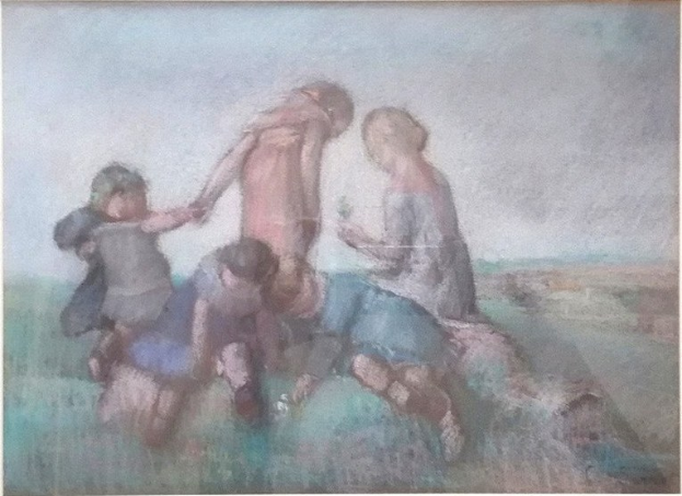 Malerei von Kindern, die auf einem Feld spielen, gerahmt, mit hellen, fröhlichen Farben und spielerischen Ausdruck