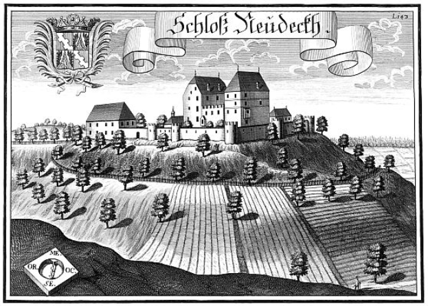 Eine Schwarz-Weiß-Radierung einer Burg in einem Feld, umgeben von Bäumen und Pflanzen, mit dem Text "Schlof Steideeth, Deutschland" oben.