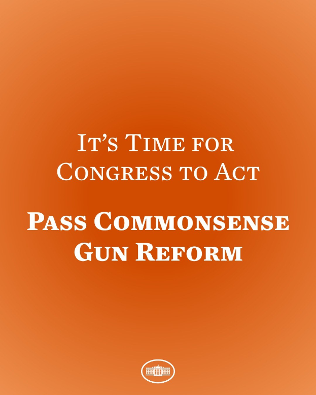 Plakat mit fetter schwarzer Schrift "Es ist an der Zeit, dass der Kongress handelt, indem er vernünftige Waffengesetzreformen verabschiedet" auf einem orangefarbenen Hintergrund.