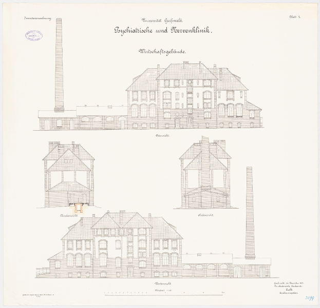 Eine Zeichnung eines Gebäudes mit zahlreichen Fenstern und einem Schornstein, das als Psychiatrieklinik in Deutschland identifiziert wurde, begleitet von handgeschriebenem Text auf demselben Papier.