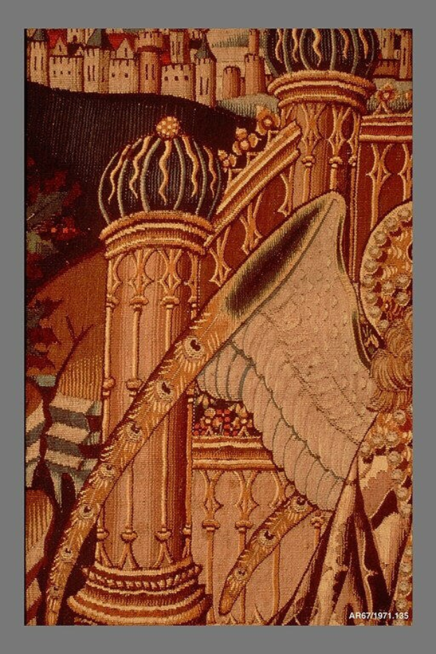 Ein farbenfrohes und detailreiches Wandbild, das eine detaillierte Stadtlandschaft mit Gebäuden und Säulen zeigt.