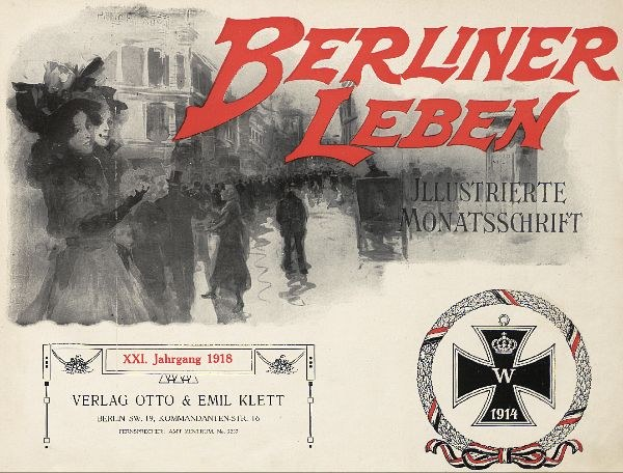 Titelbild eines alten Buches namens "Berliner Leben" mit einer Gruppe von Menschen in einer feierlichen Umgebung und einem militärisch verbundenen Logo.
