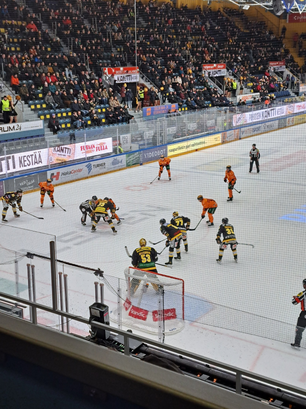 Gruppe von Menschen, die Hockey auf einem Eisring spielen, umgeben von einem Zaun, mit einem Netz in der Mitte, Zuschauern im Hintergrund, Bannern mit Text und Scheinwerfern über dem Stadion.
