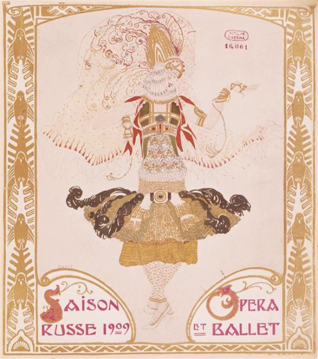 Plakat für eine 1909er Pariser Ballettvorstellung namens "Saison Russe" mit einer gemalten Tänzerin in einer anmutigen Pose.