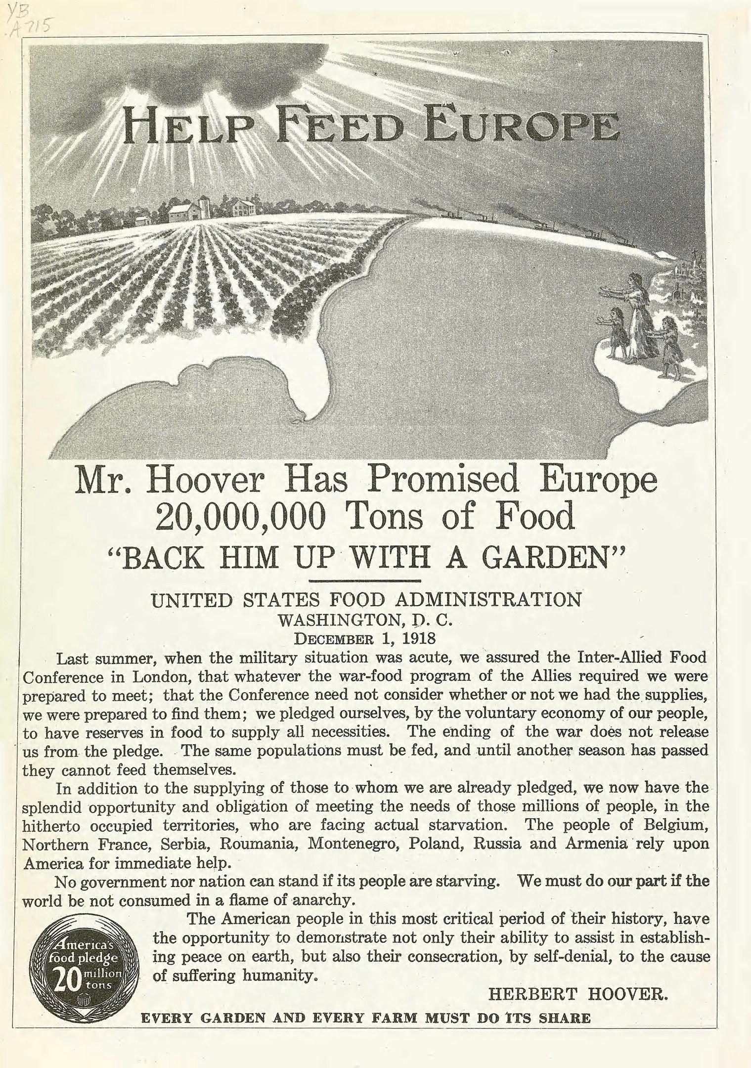 Plakatwerbung für die Initiative von Herrn Hoover zur Förderung der Ernährung in Europa, mit Text und einem Bild.
