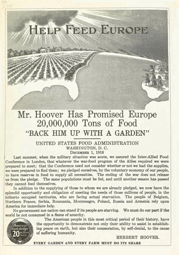 Plakatwerbung für die Initiative von Herrn Hoover zur Förderung der Ernährung in Europa, mit Text und einem Bild.