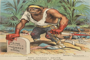 Eine Karikatur eines Mannes mit einem Messer vor einem Grab mit Text darauf, umgeben von Menschen auf dem Boden und Bäumen im Hintergrund; Text unten lautet "Der spanische Grobian fügt Verstümmelung zum Mord hinzu."