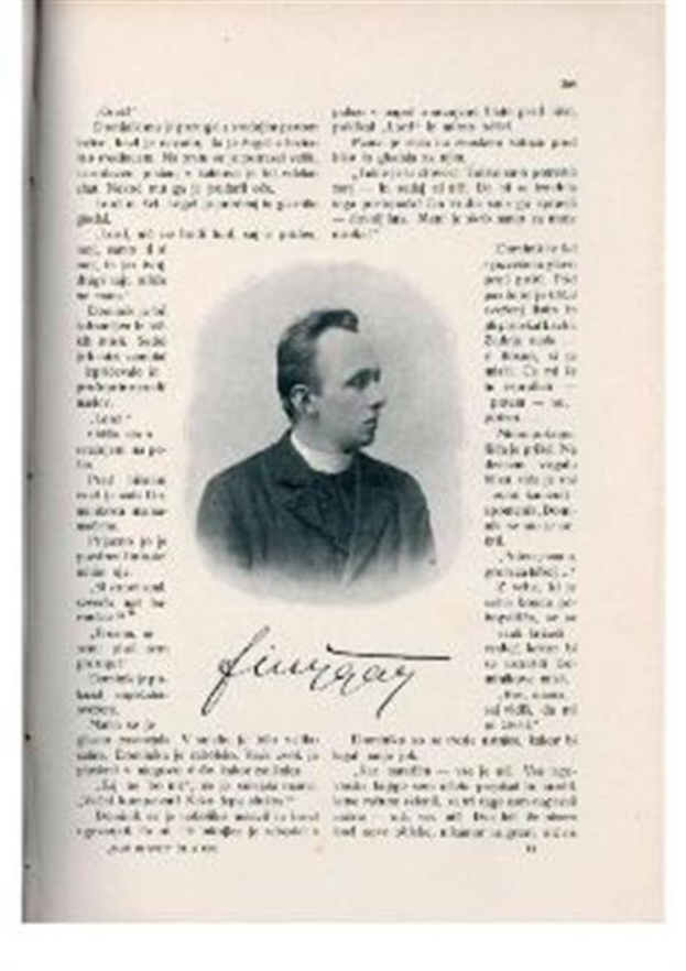 Ein Schwarz-Weiß-Foto eines Mannes in Priestergewand, identifiziert als erster Bischof der Kirche des Heiligen Grabes, mit ernstem Gesichtsausdruck und gefalteten Händen, schaut konzentriert in die Ferne.