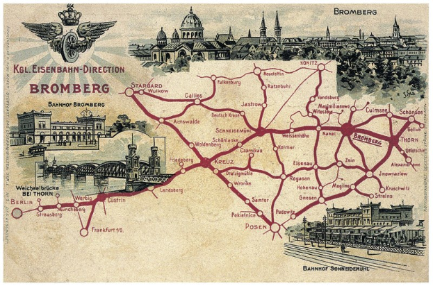 Ein detailliertes Plakat mit einer Karte von Bromberg, Deutschland, das Straße, Gebäude, Bäume, eine Brücke und historischen und kulturellen Text zeigt.