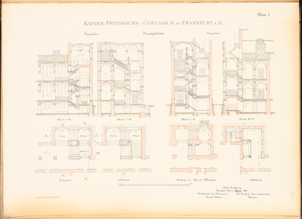 Ein detailliertes Bild des Kaiser-Friedrichs-Gymnasiums in Frankfurt, Deutschland, auf dem Umschlag eines alten Buches.