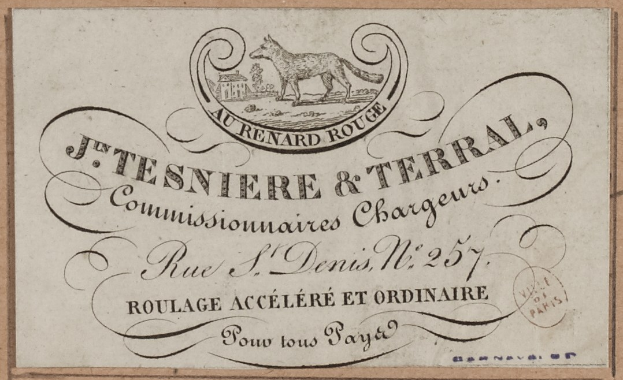 Alte Visitenkarte mit Hundebild in der Mitte und Text darauf.